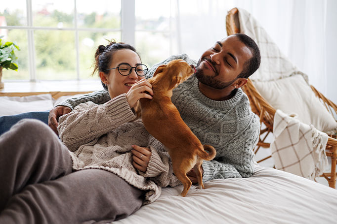 Couple playing with puppy